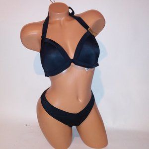 Victoria Secret PINK Swim Bikini Large Top & Bottom Solid Black Triangle Push Up